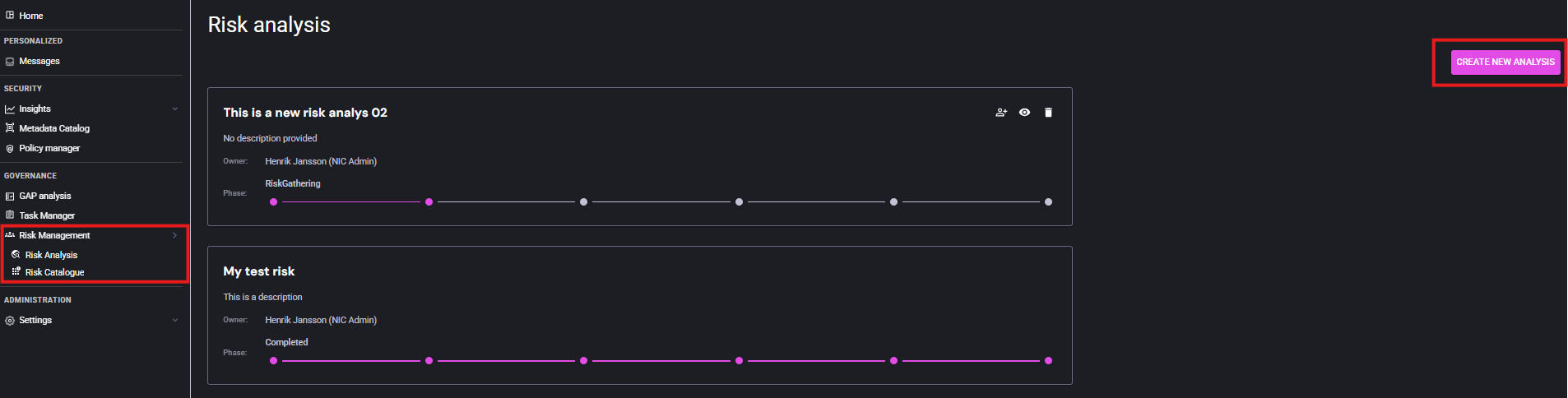 Completed risk catalog view 2